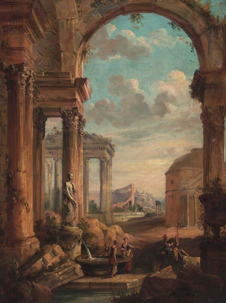 A Painting Of A Roman Temple With A Fountain