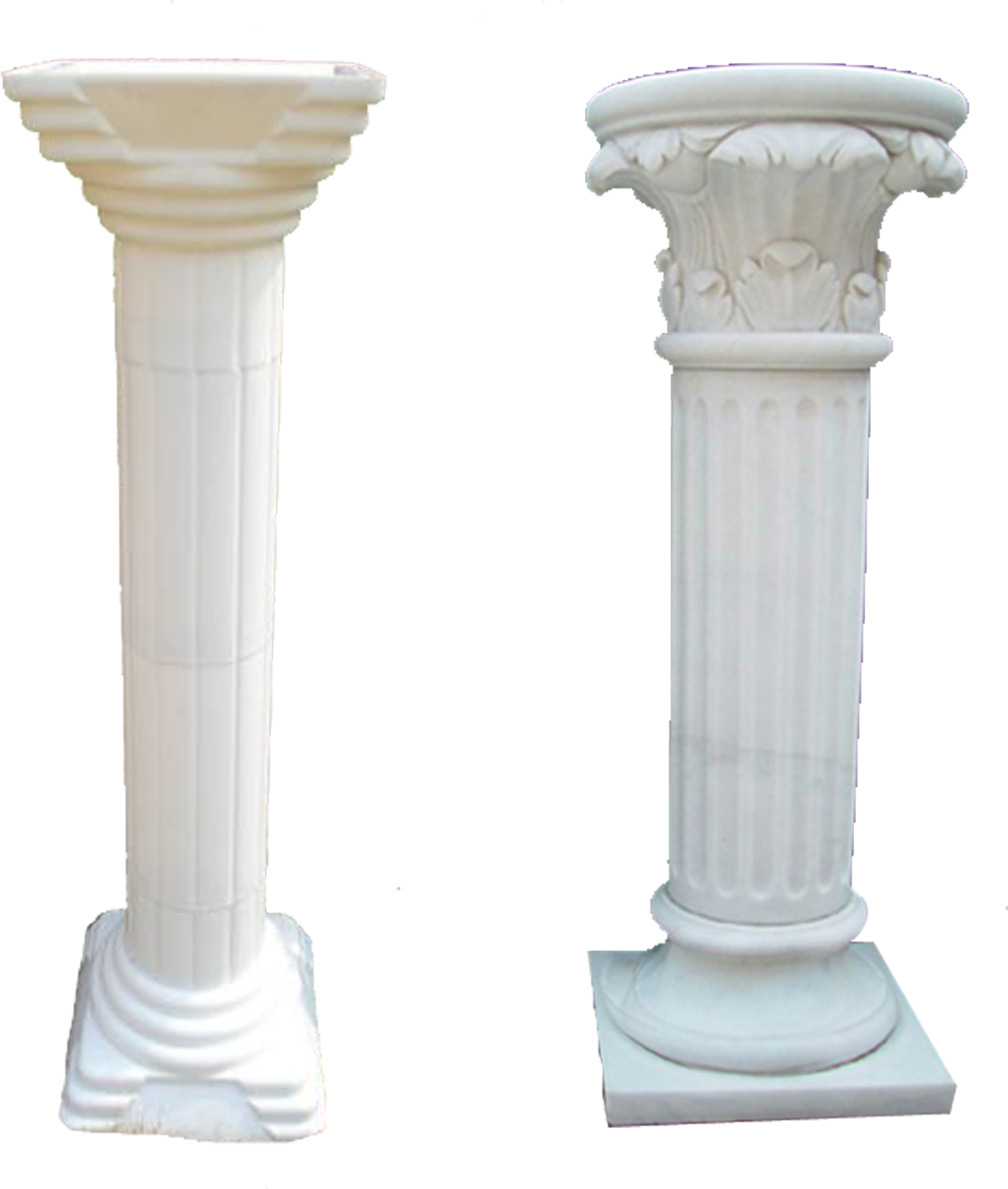 Classical Columns Designs PNG — Two white marble columns with fluted shafts and ornate capitals stand isolated against a black background.