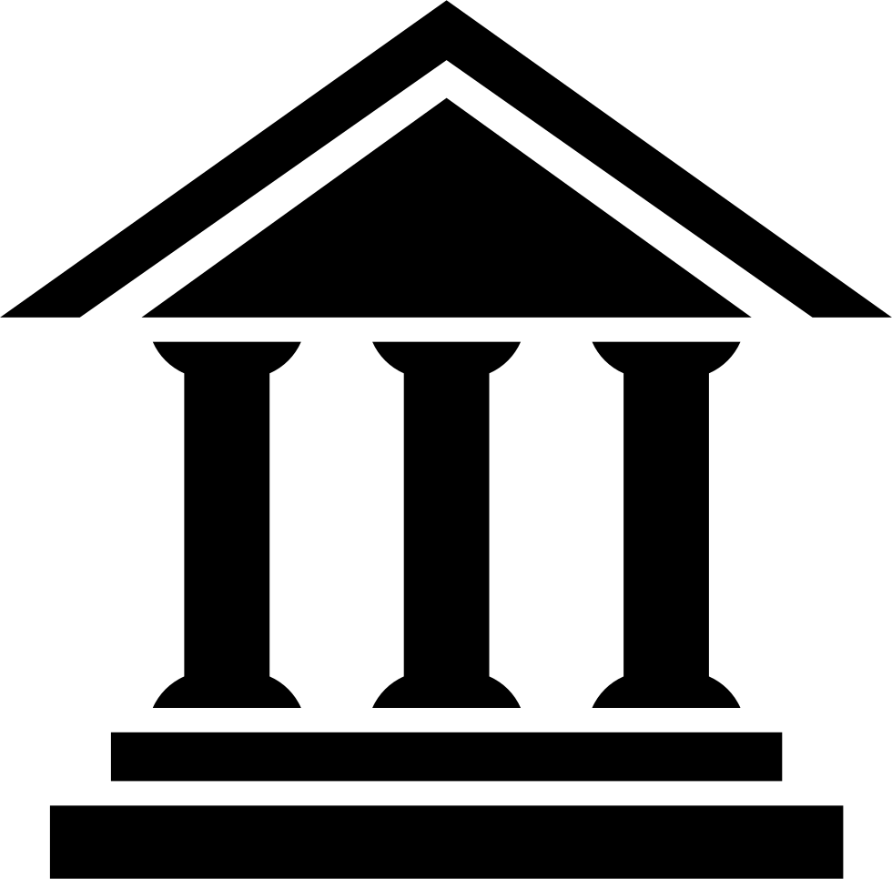 Classical Columns Icon PNG — Bold black silhouette of a classical temple facade with three columns and triangular pediment on white background.