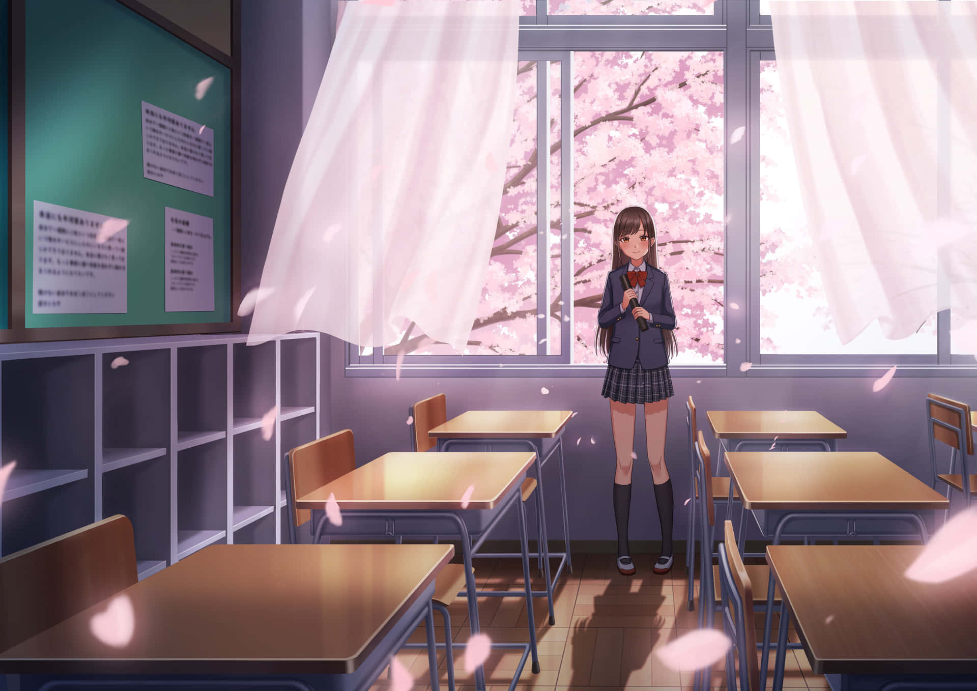 Anime Schoolgirl In Classroom Background
