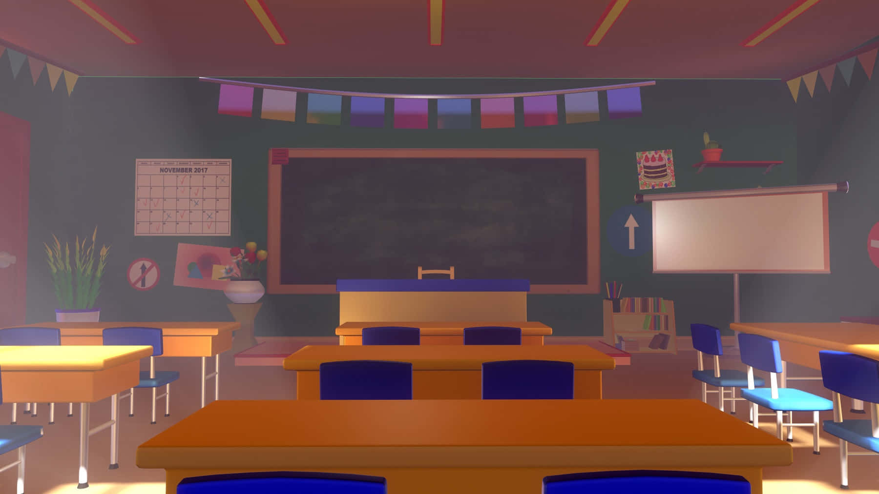 3D Classroom With Banners Background
