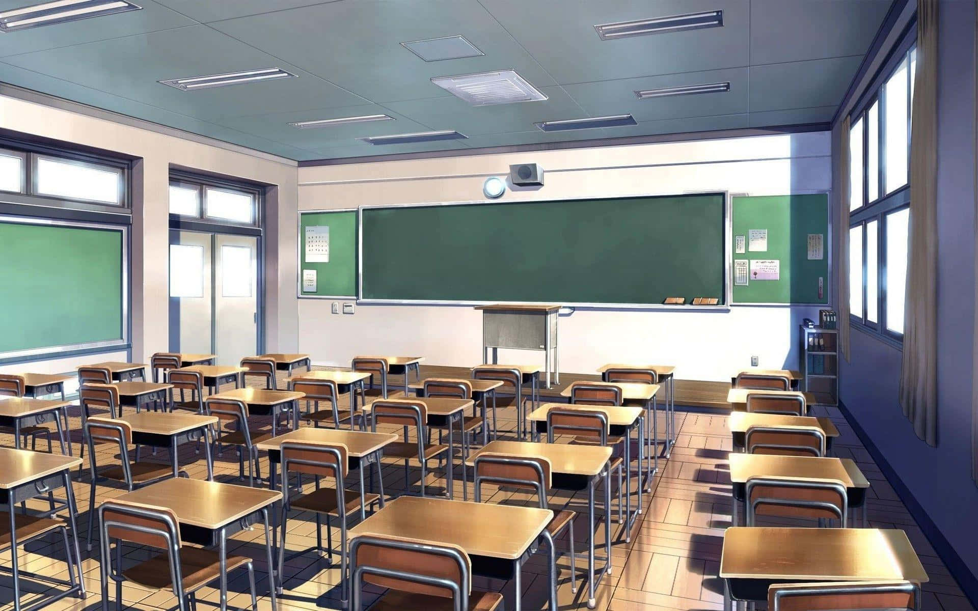 Wooden Tables And Chairs Anime Classroom Background