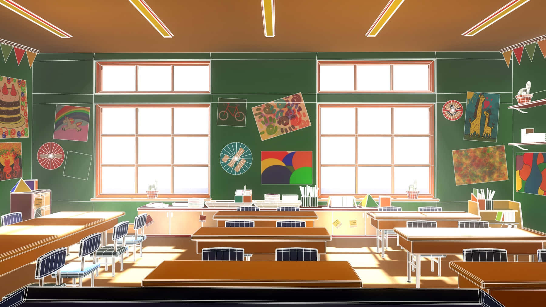 3D Classroom Facing Windows Background