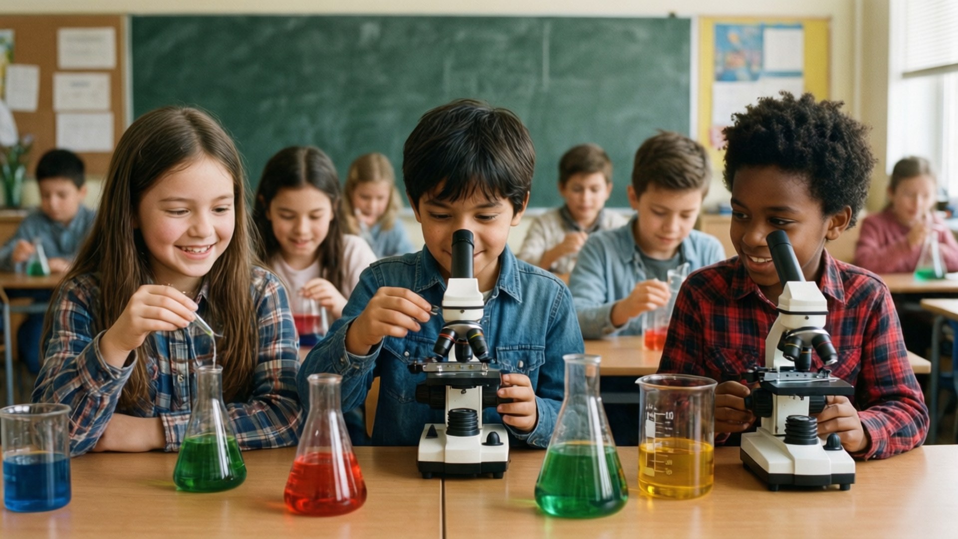 Classroom Experiment Wallpaper — Diverse elementary students in a classroom enthusiastically conduct science experiments with microscopes and colorful liquids in flasks.