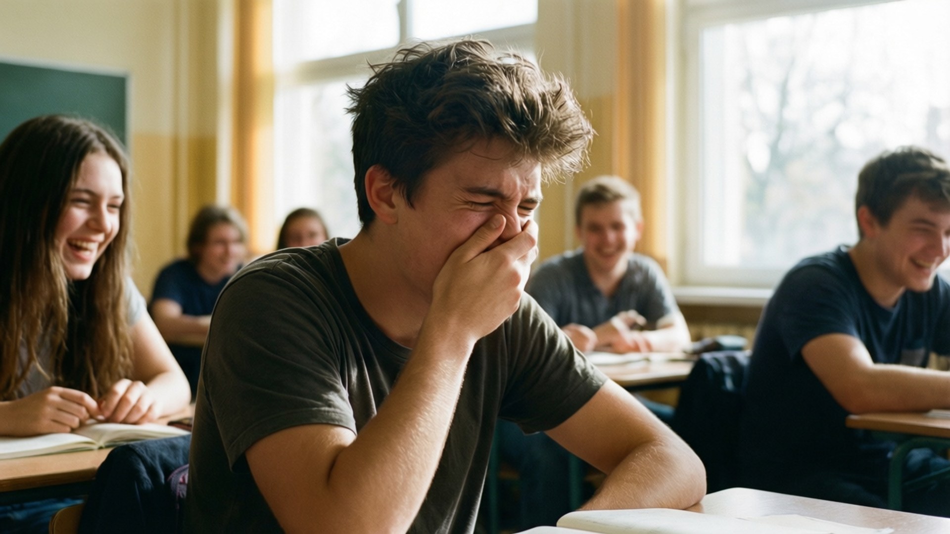 Chico adolescente tratando de no reírse en clase