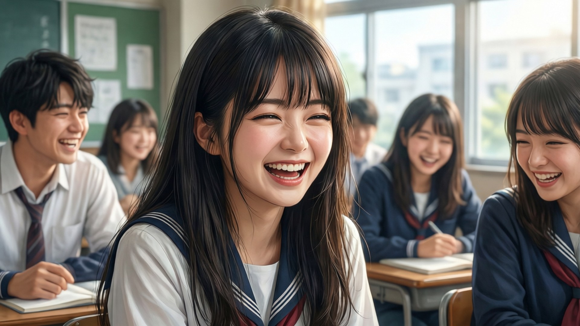 Sumire Kanou deler et glædeligt øjeblik med klassekammerater i et solbeskinnet klasseværelse.