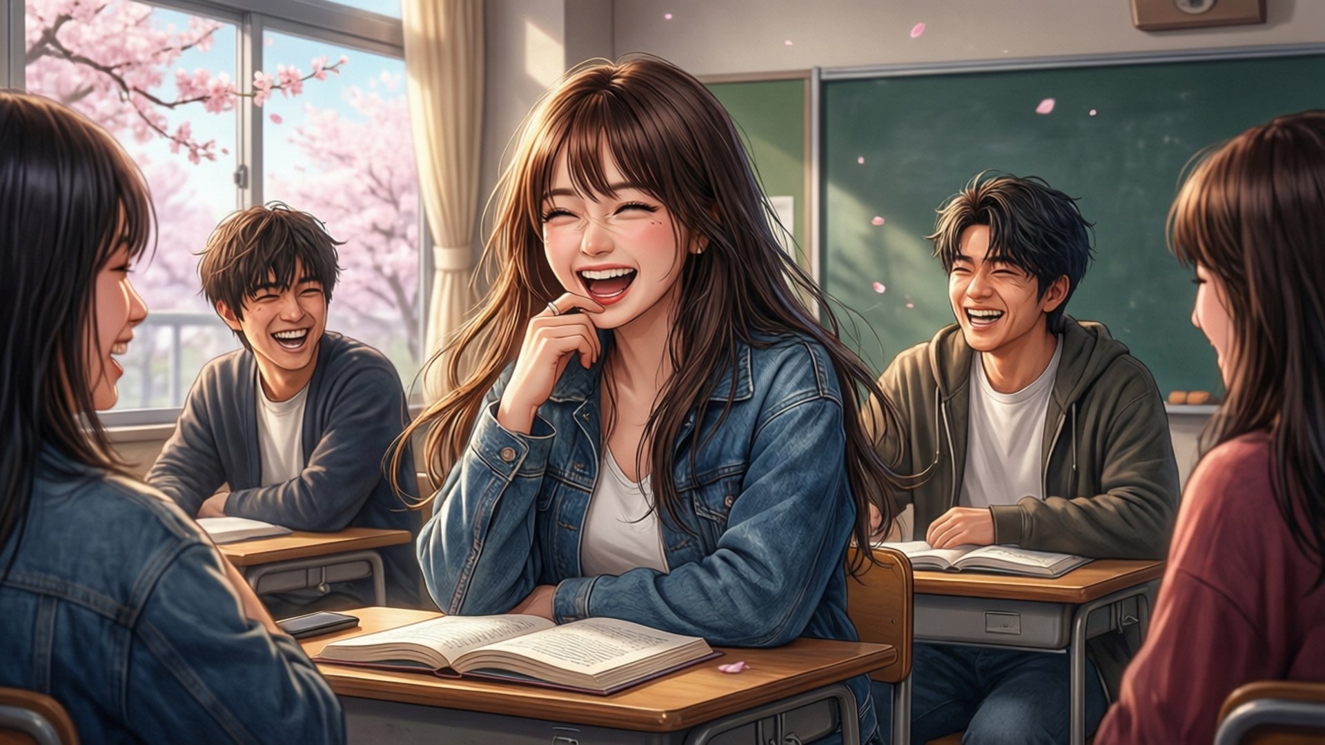 Sumire Kanou berbagi momen gembira dengan teman-teman di kelas.