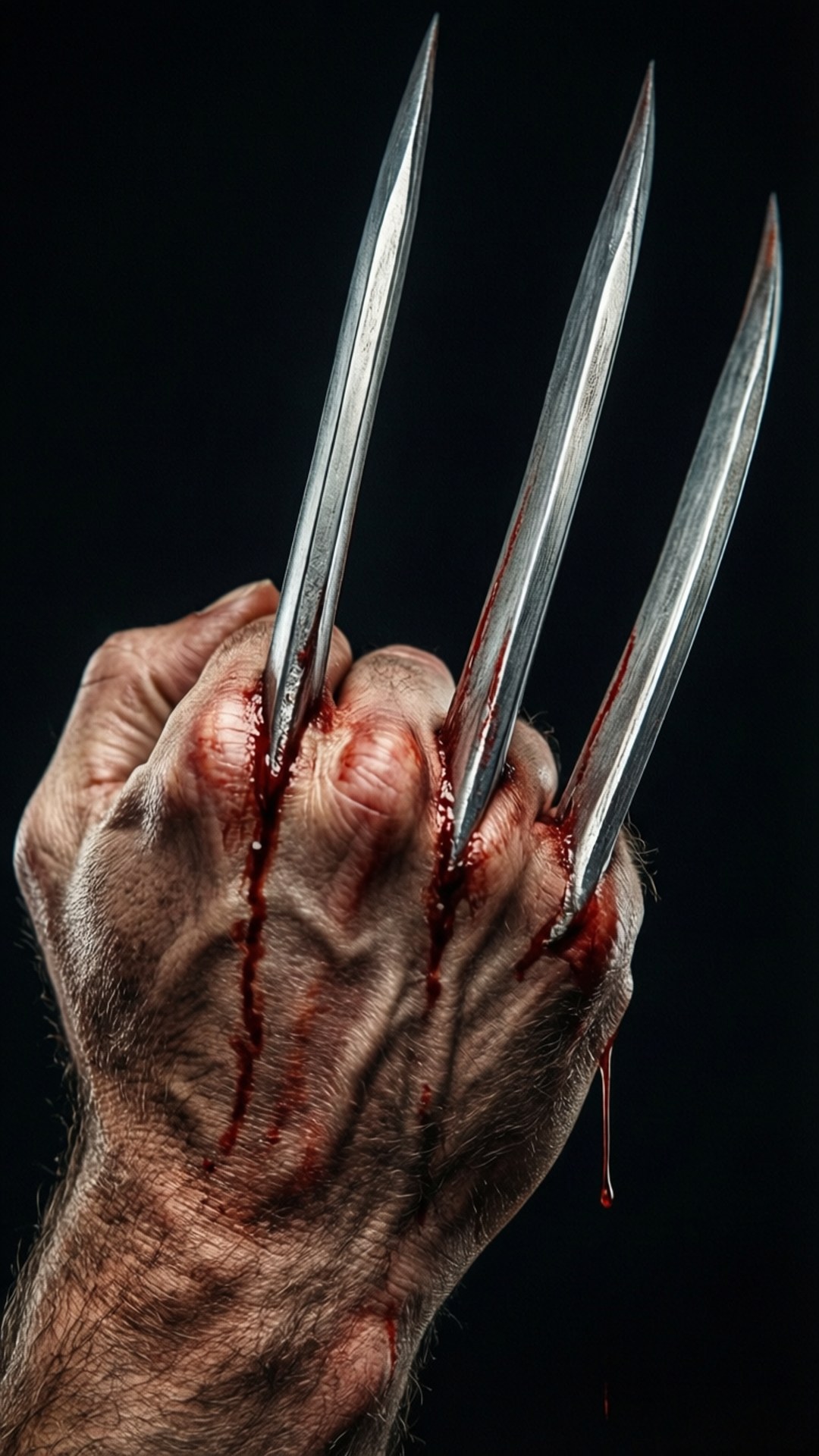 Extreme close-up of Wolverine's claws with blood.