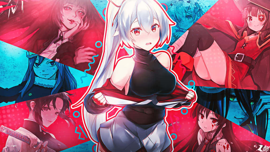 Engruppe Anime-karakterer På En Rød Og Blå Baggrund. Wallpaper