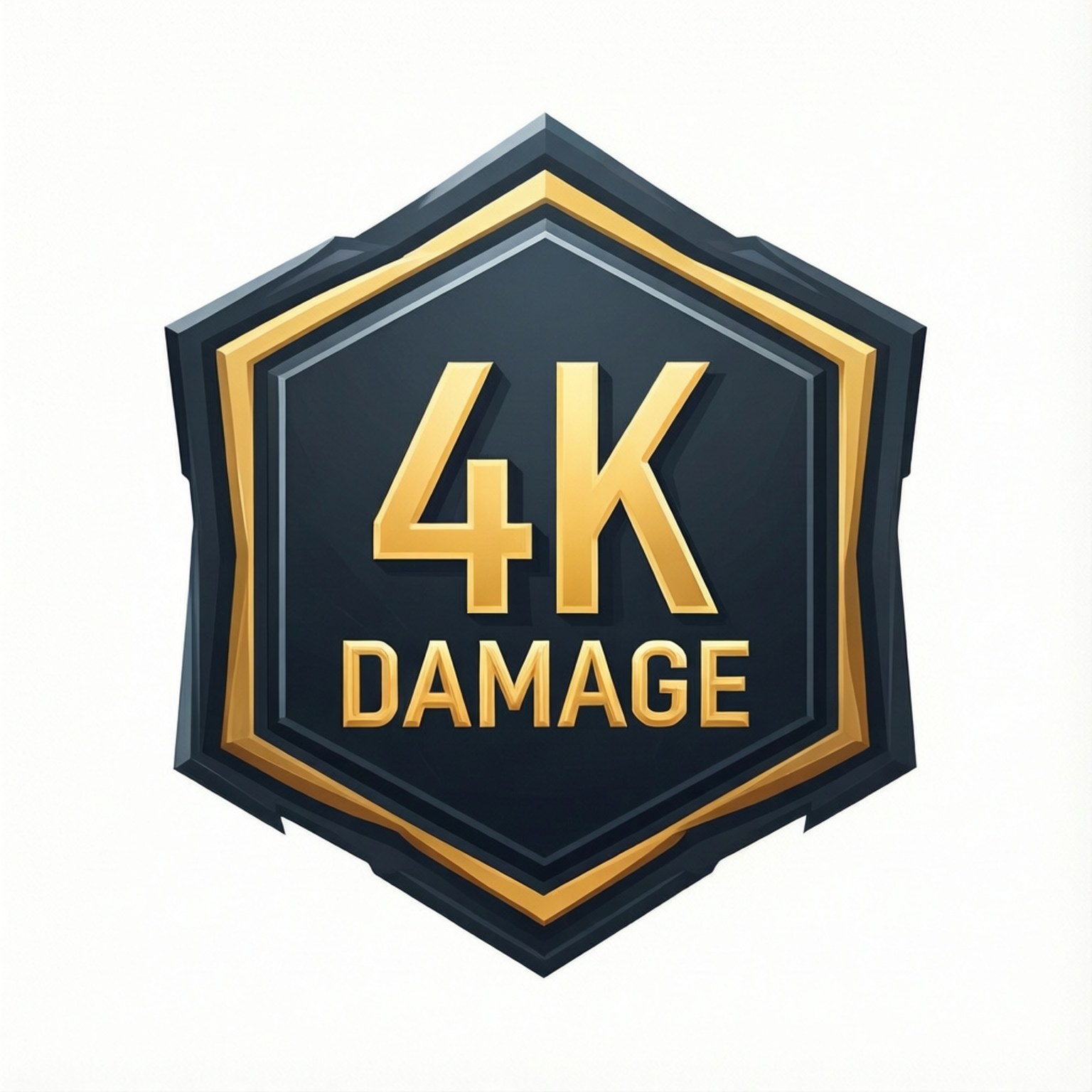 Hexagonal emblem with gold trim and 4K DAMAGE text in metallic gold on dark blue background