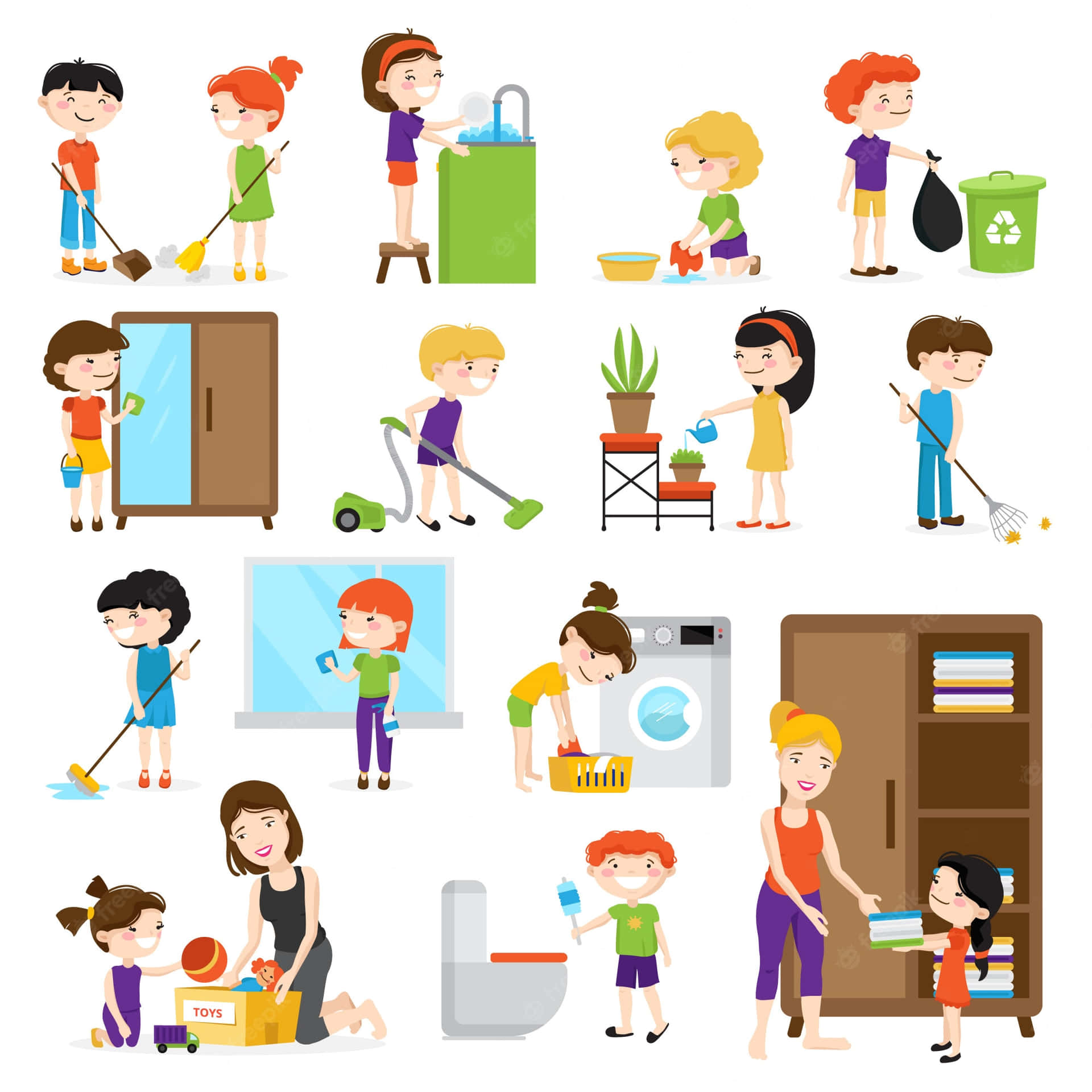 Children Cleaning House Vector Illustration
