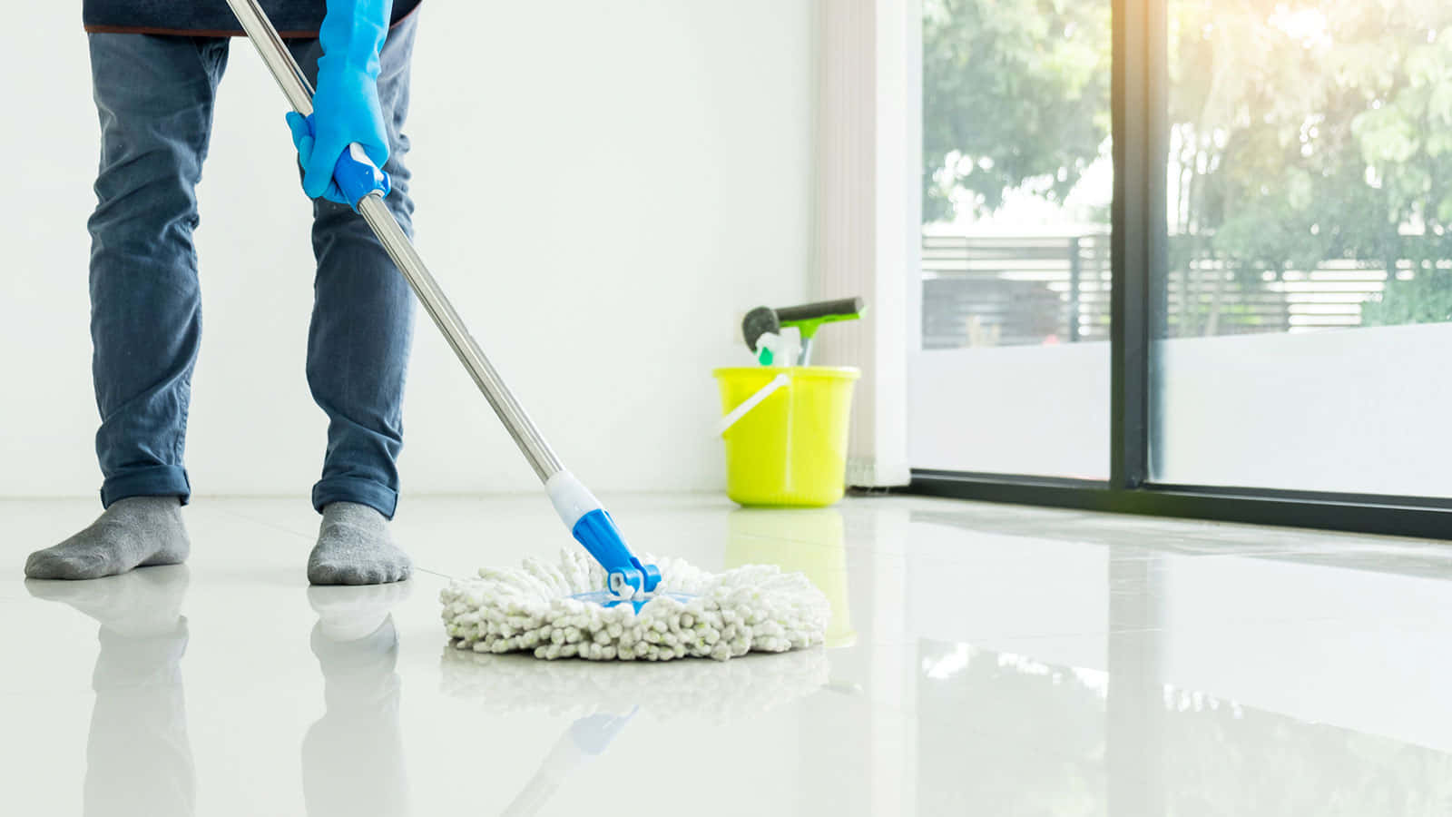 Cleaning Mop White Tile Floor Wallpaper