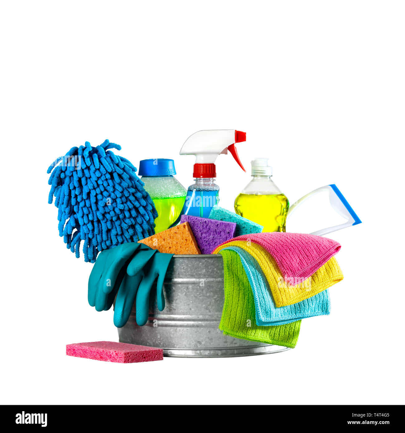 Cleaning Supplies In A Bucket Isolated On White Background - Stock Image