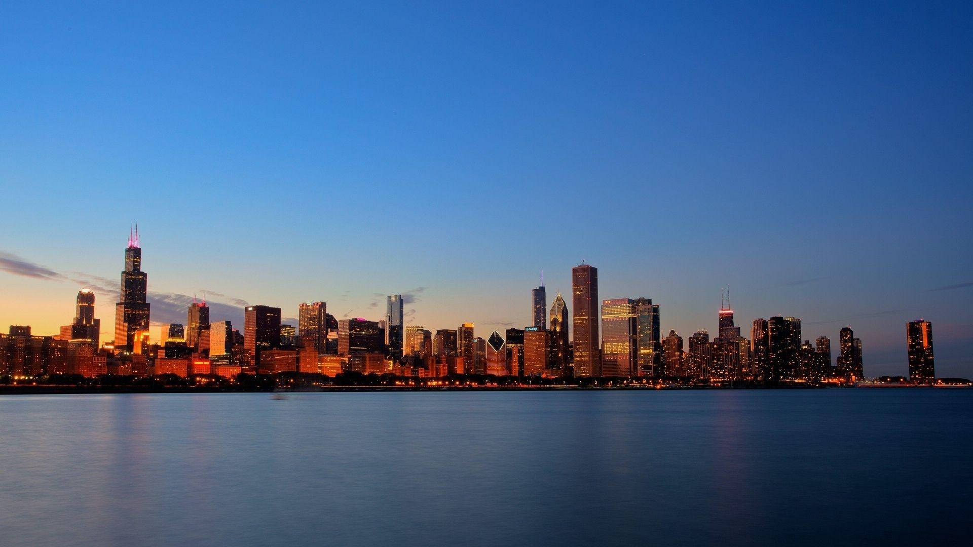 Clear Blue Sunset Chicago Skyline Wallpaper