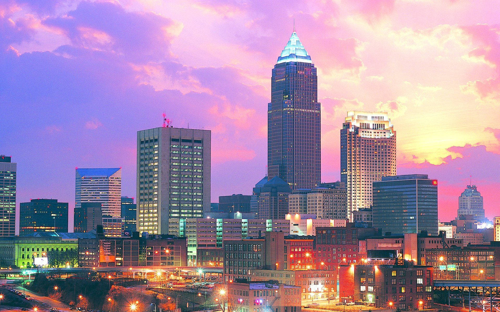 Cleveland Downtown Pink Sky Wallpaper