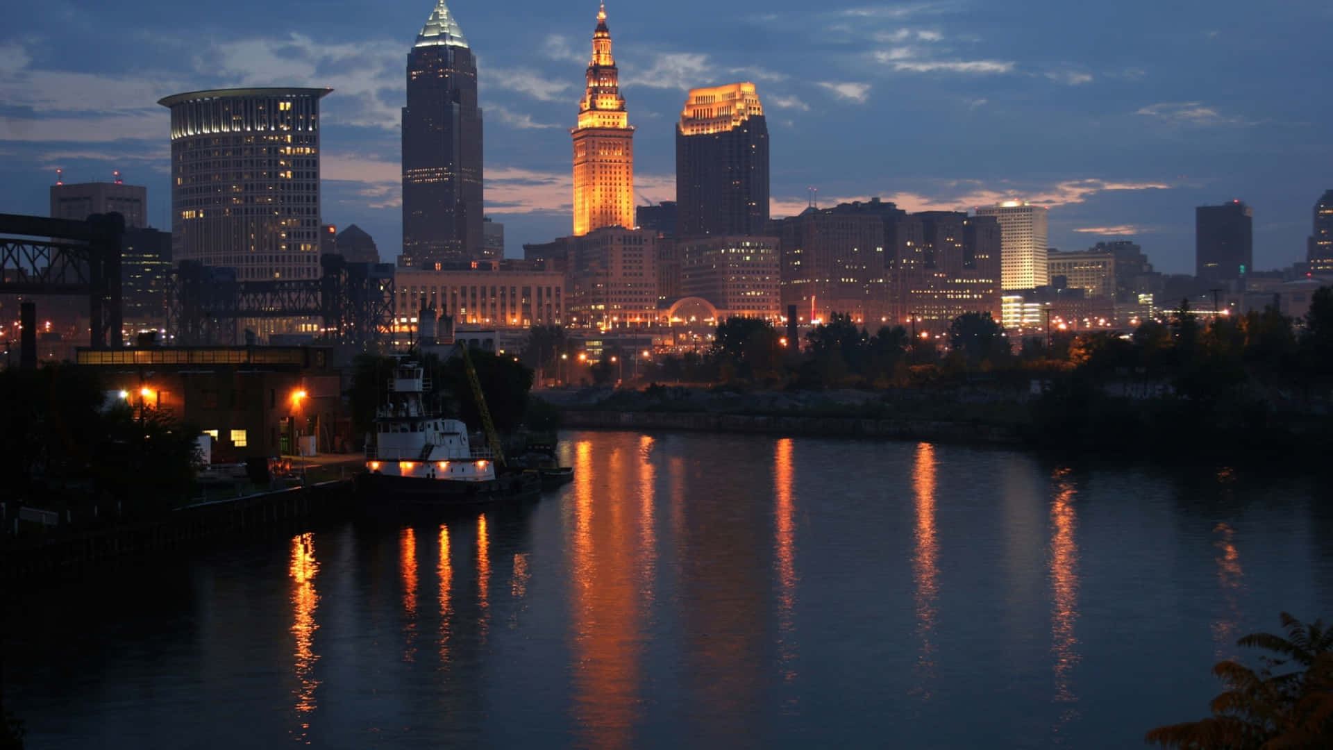 Cleveland Skyline Dusk Reflection Wallpaper