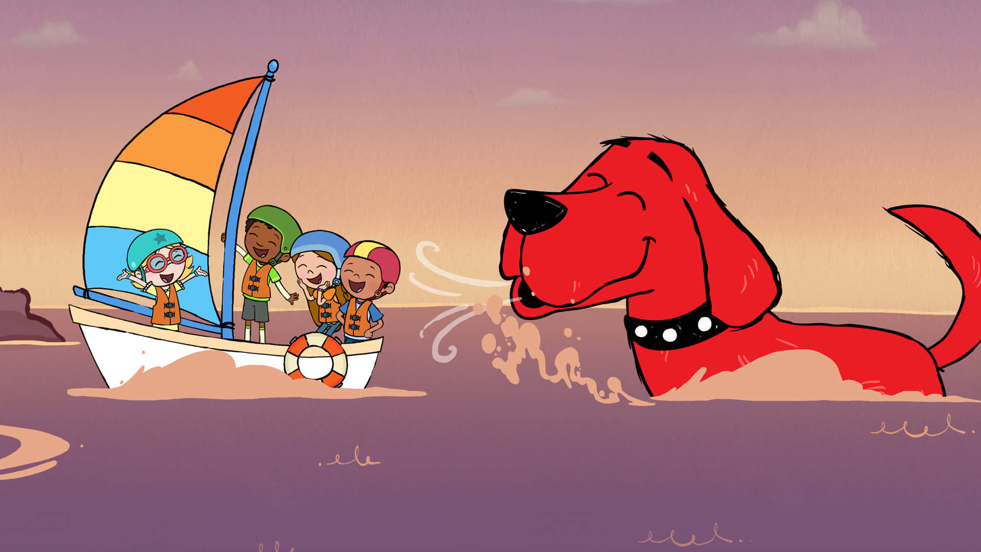 A Cartoon Dog Is Sailing In The Water With Other People
