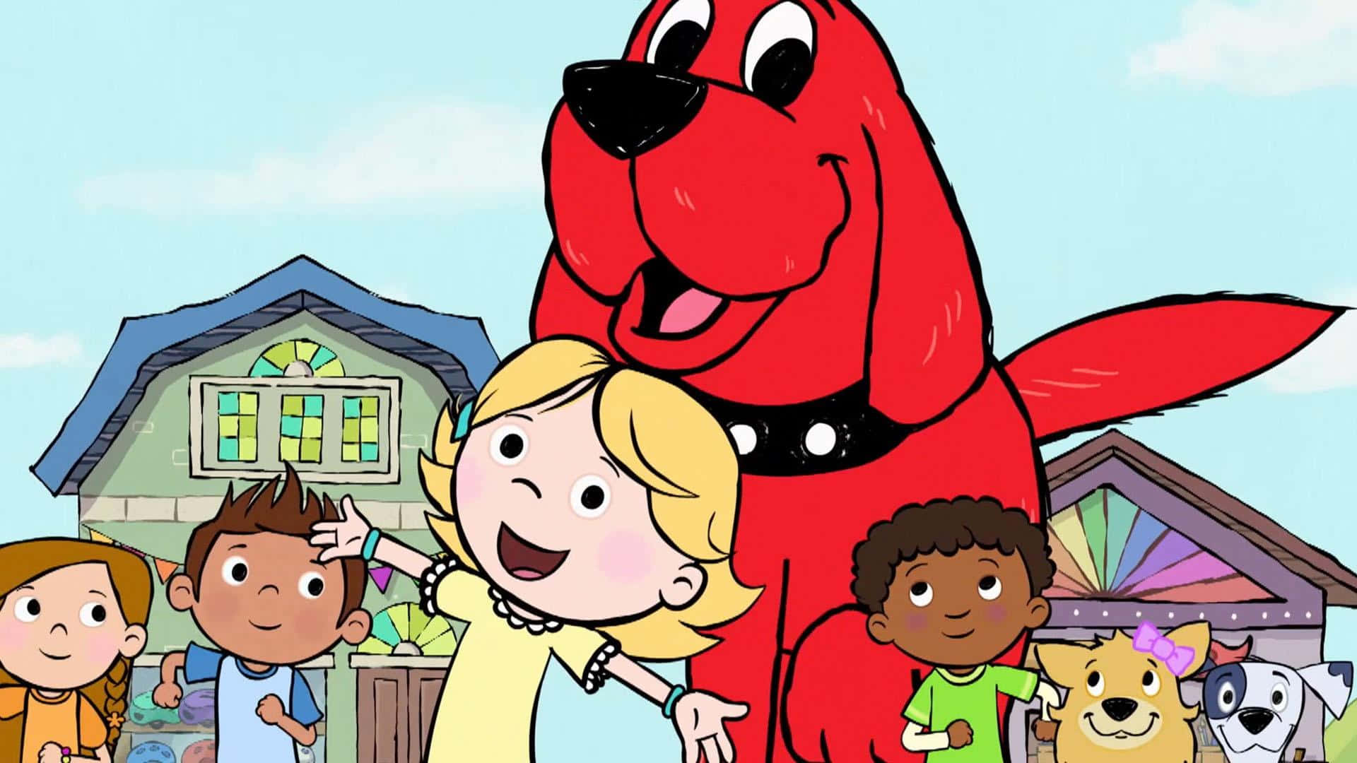 A Cartoon Of A Red Dog With Children And A House