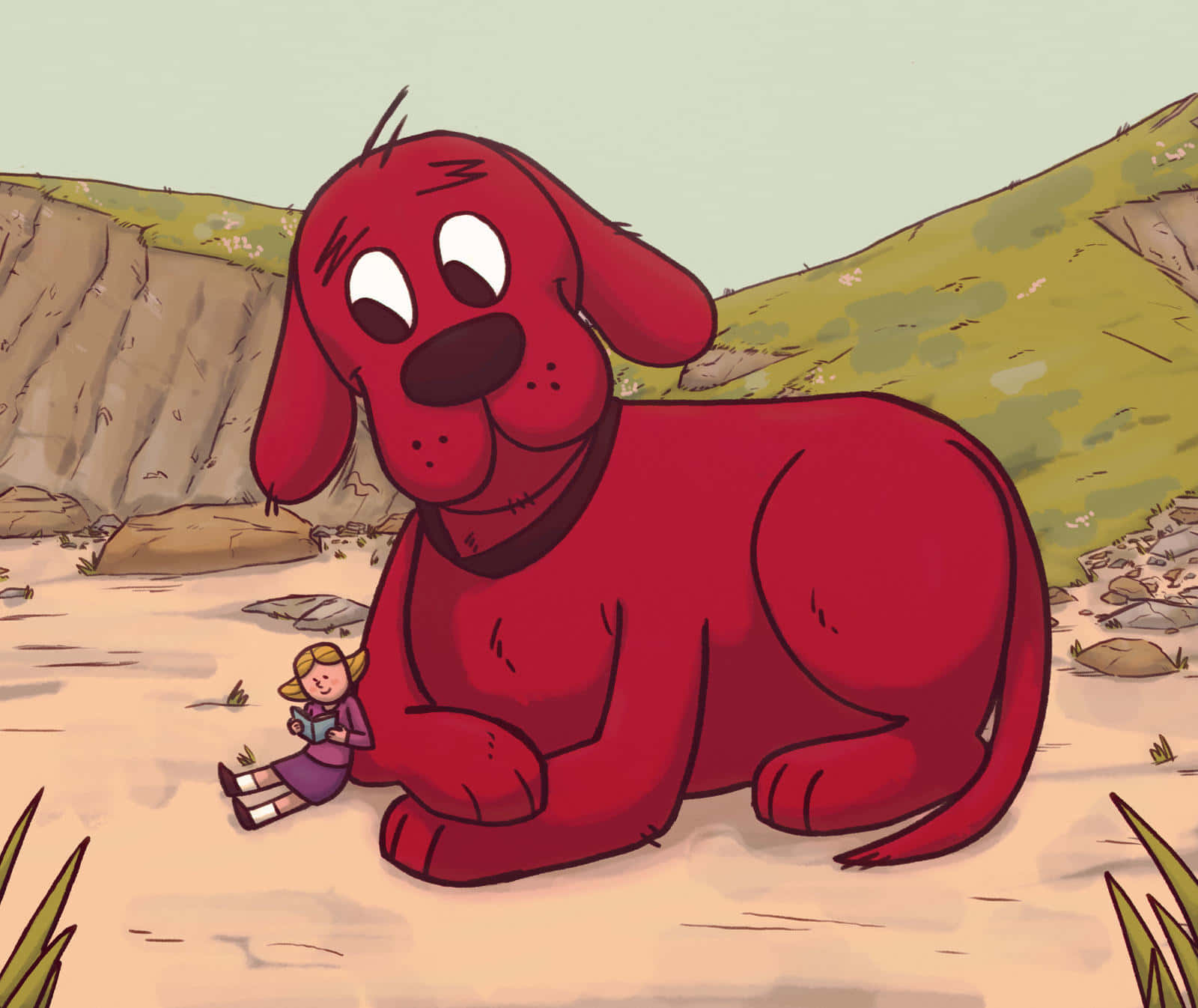 The beloved red dog, Clifford, giving a smile