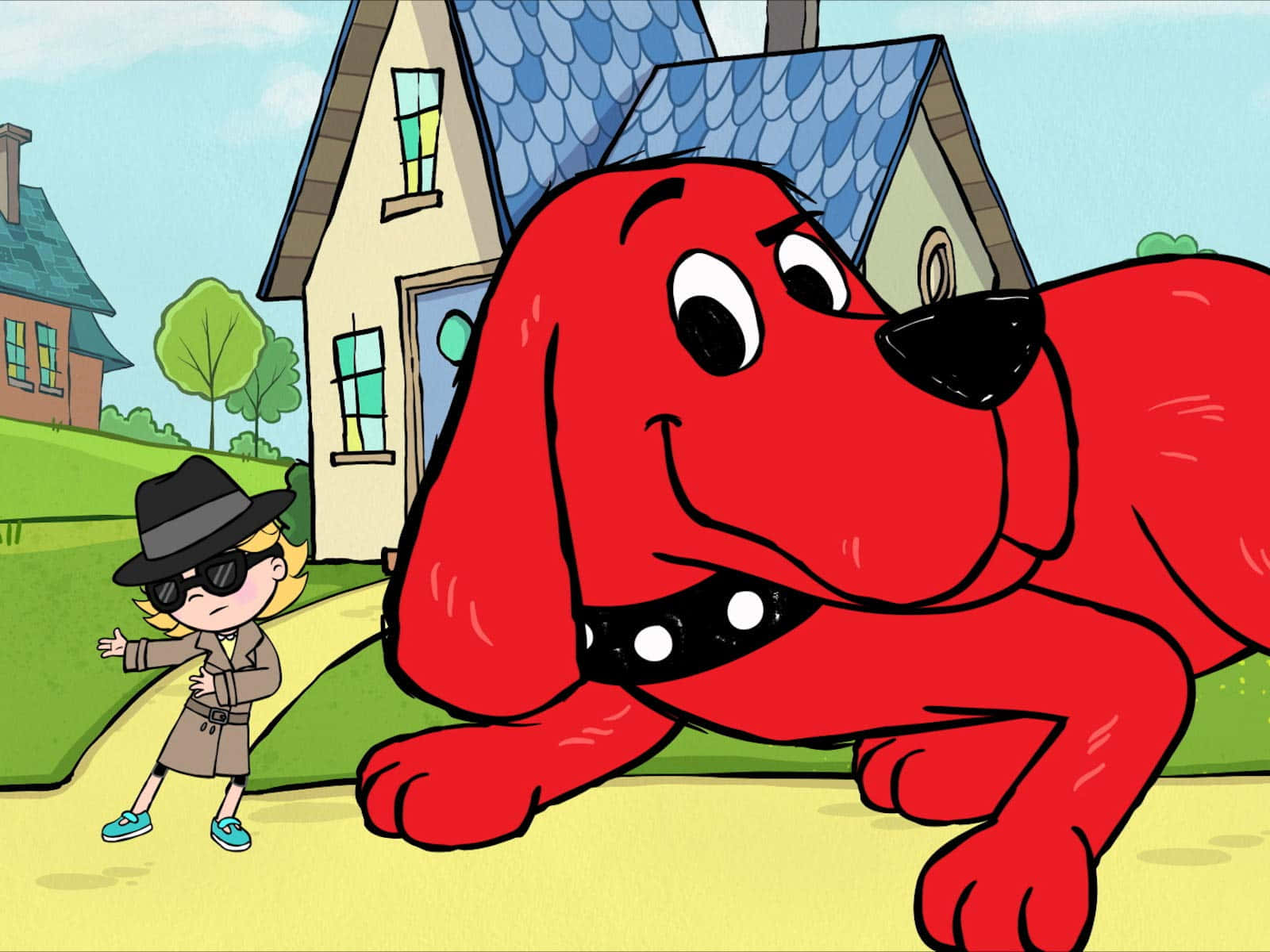 A Cartoon Dog Is Walking In Front Of A House