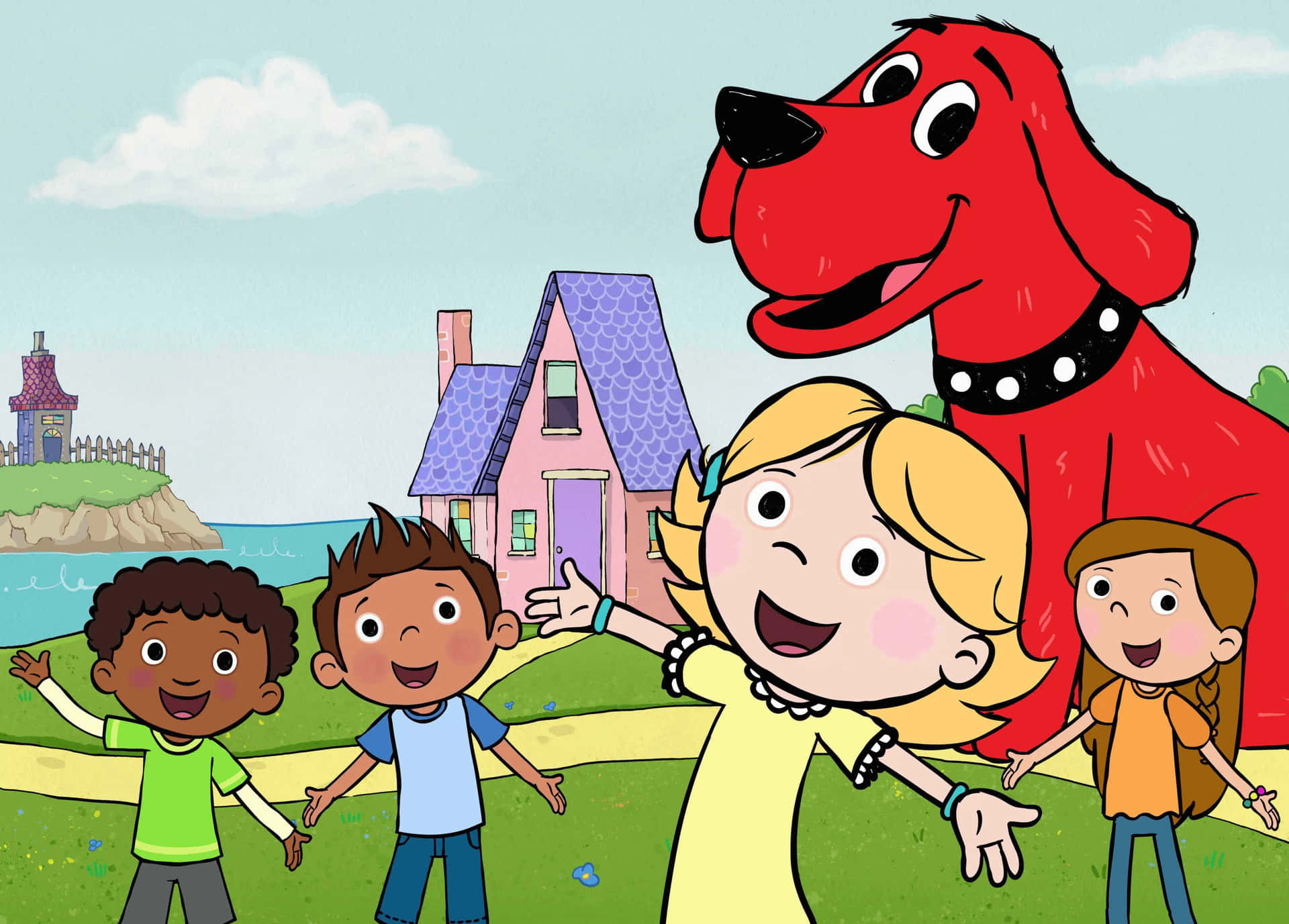 A Cartoon Of Children And A Red Dog