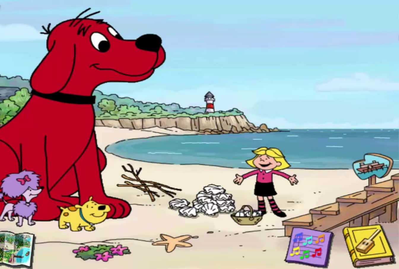 Eincartoon-hund Mit Einem Mädchen Und Einigen Spielzeugen Am Strand.