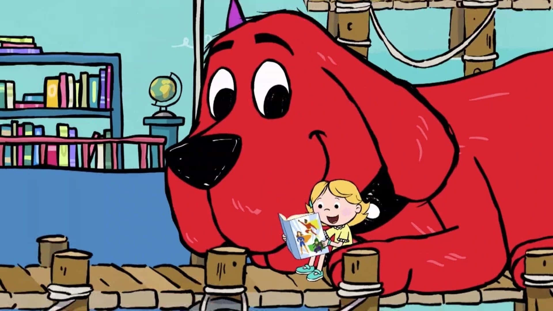 Einekarikatur Von Einem Großen Roten Hund Mit Einem Mädchen