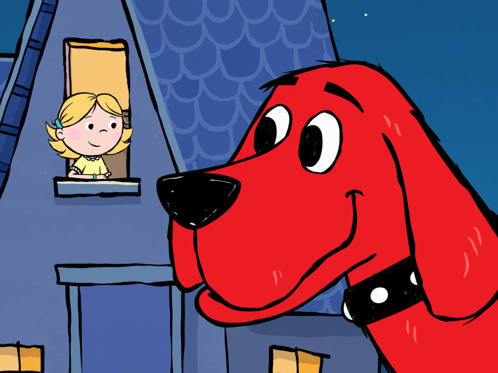 A Red Dog Is Looking Out The Window Of A House