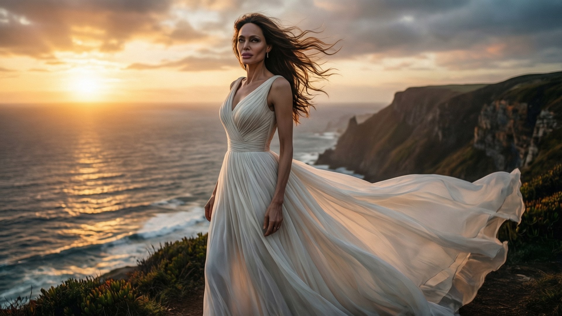 Angelina Jolie stands gracefully on a cliff as the sun sets over the ocean.