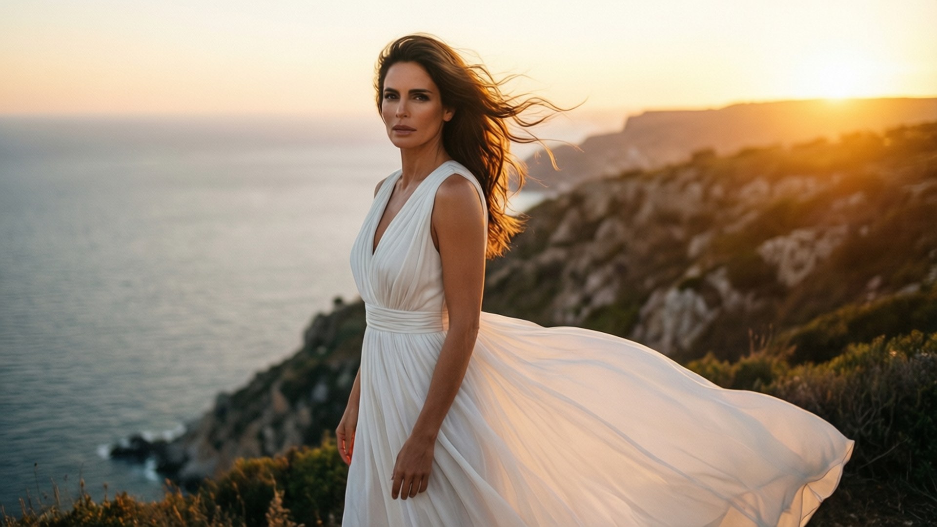 Paz Vega på en klippa vid solnedgång, vit klänning som fladdrar i vinden.