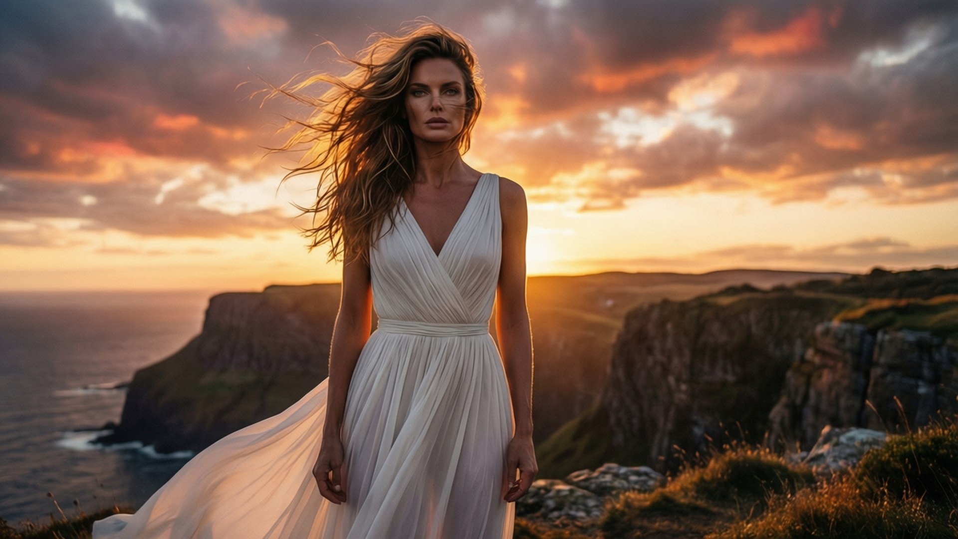 Anja Rubik poserer på en klippe ved solnedgang med en flydende kjole