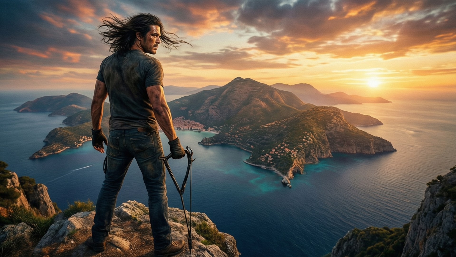 Rico Rodriguez blickar ut över en medelhavssolnedgång i Just Cause 3