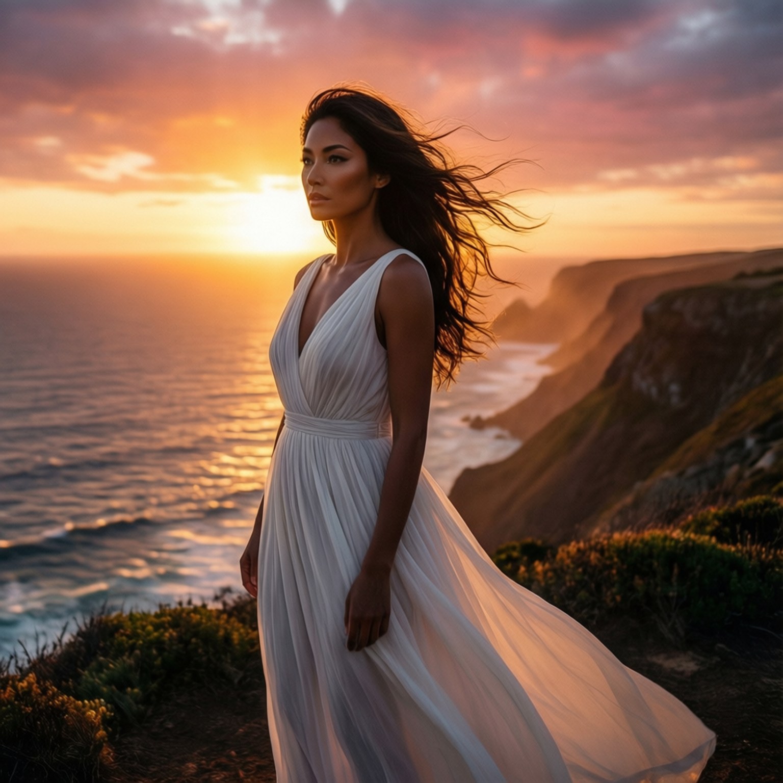 Fridfull bild av Sharni Vinson med en hisnande solnedgång över havet.
