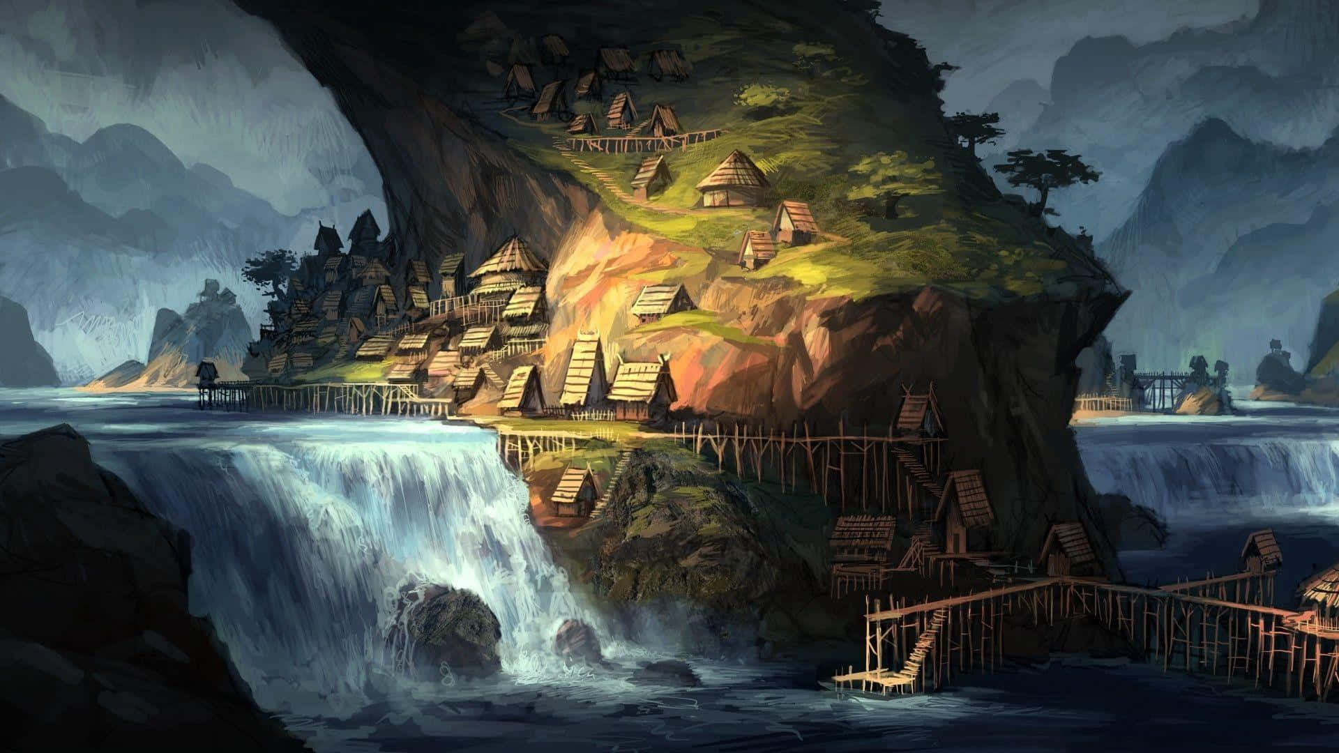 Cliffside_ Waterfall_ Village_ Fantasy_ Landscape Wallpaper