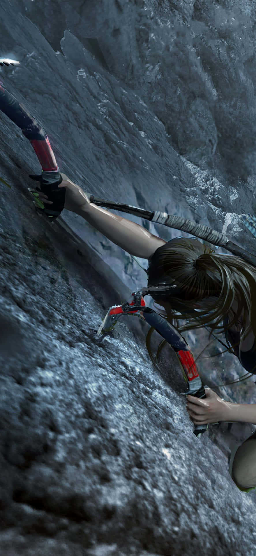 A Woman Is Climbing A Cliff With A Bow
