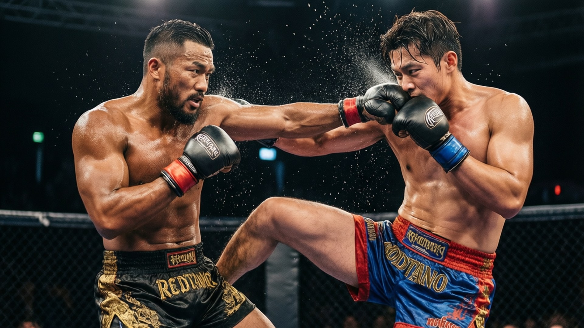 Muay Thai clinch between Demetrious Johnson and Rodtang.