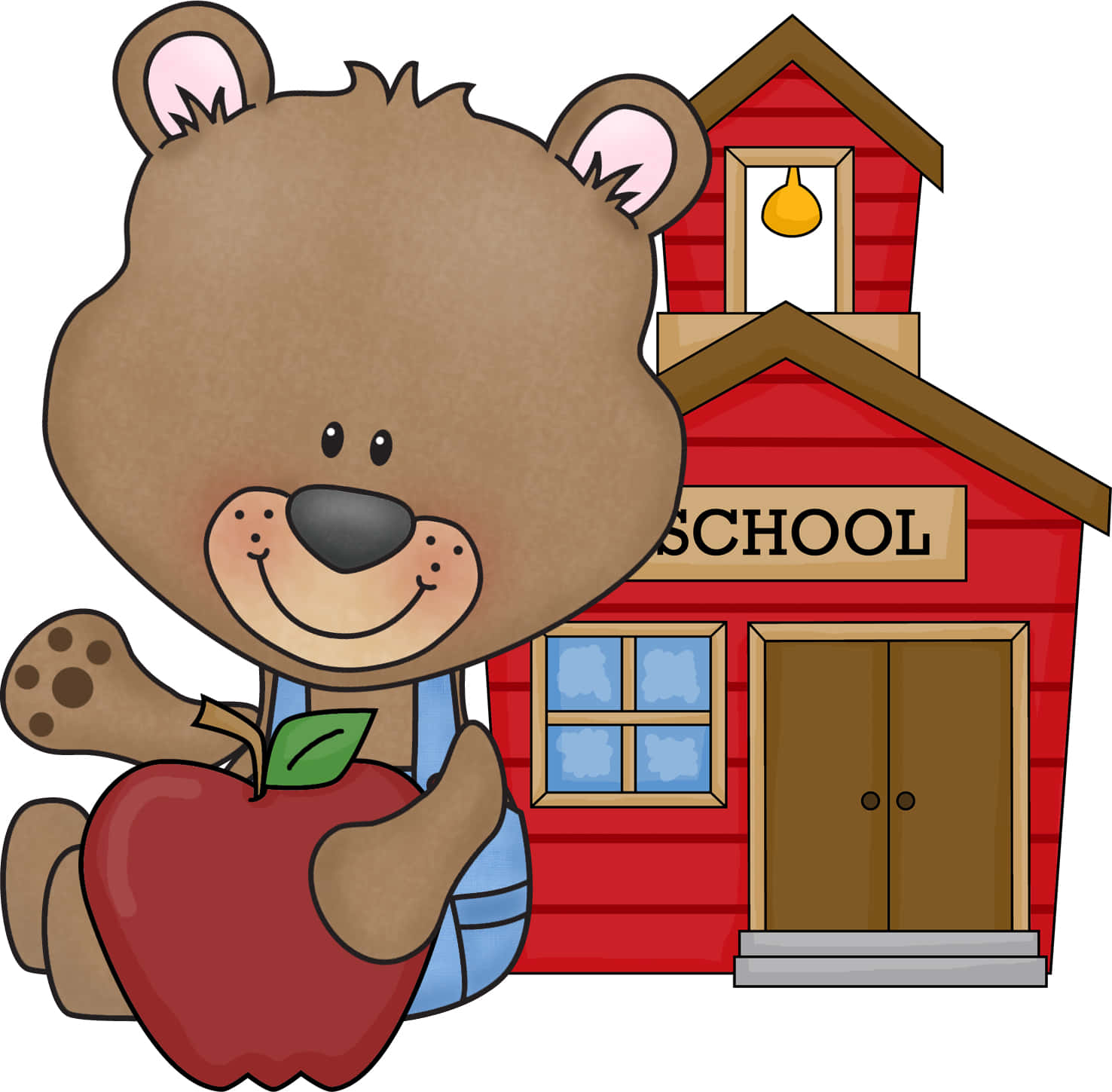 A Brown Bear Holding An Apple And School Building