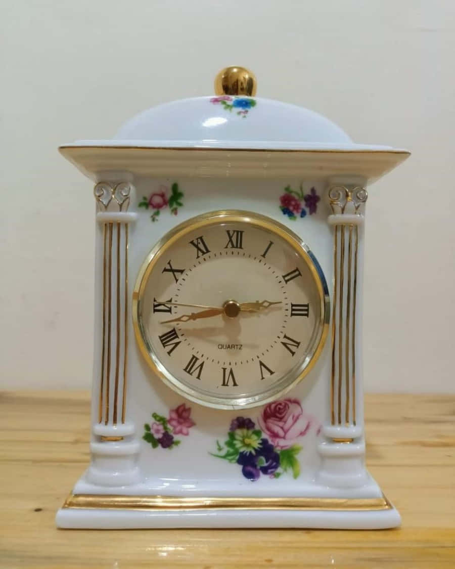 Classic wooden clock face with two metallic hands and two bells.