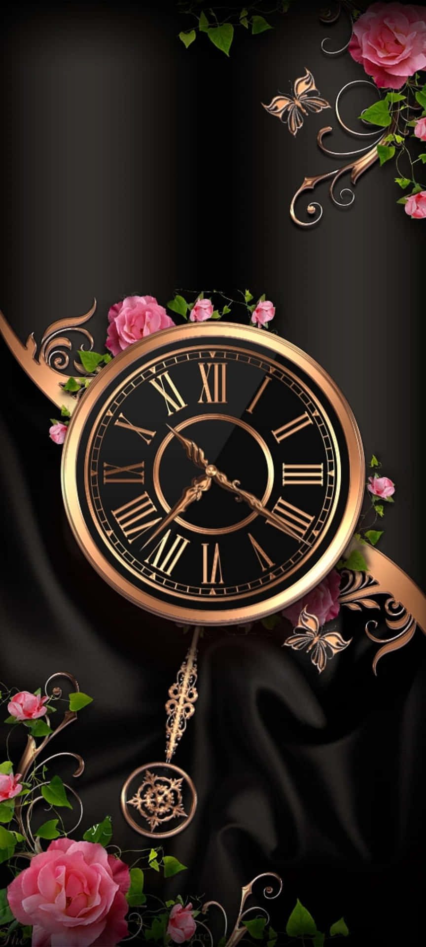 A Clock With Roses And Butterflies On A Black Background