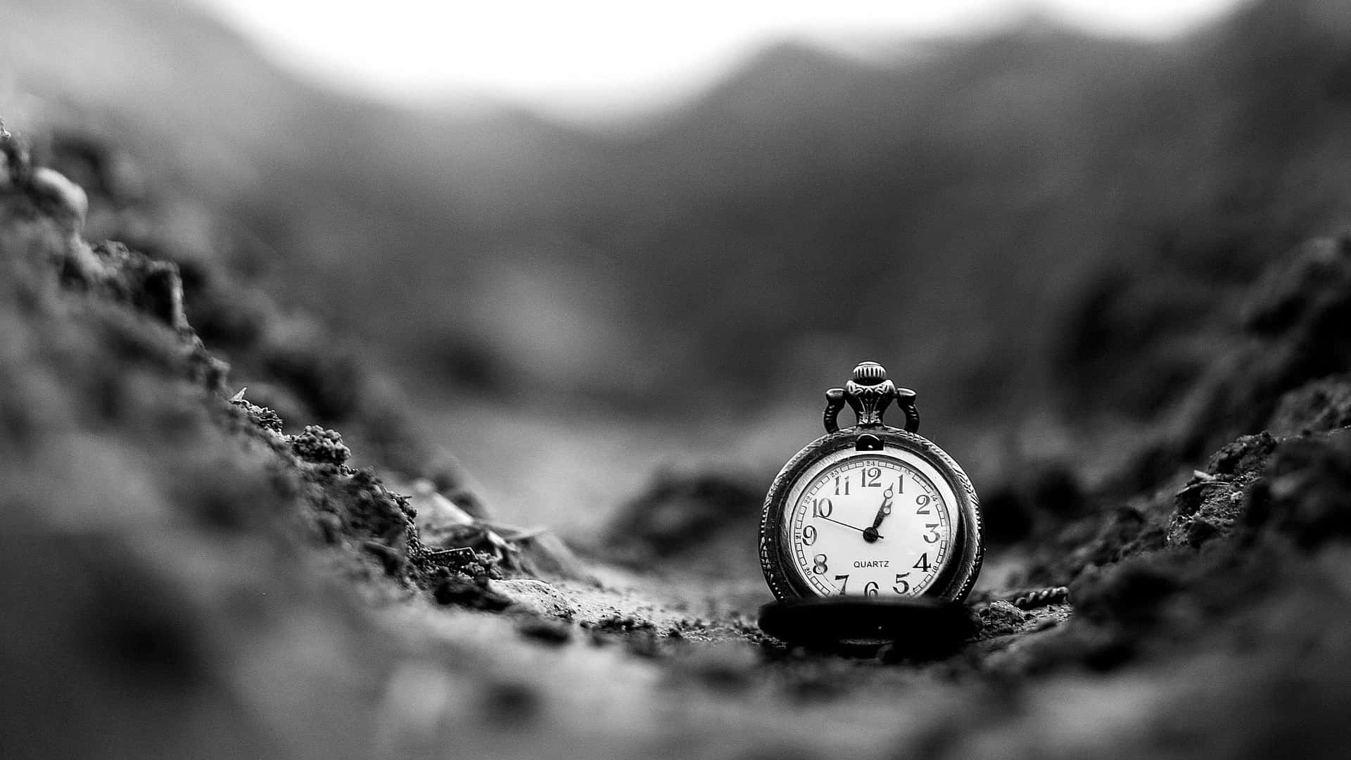 A Black And White Photograph Of A Pocket Watch In The Dirt