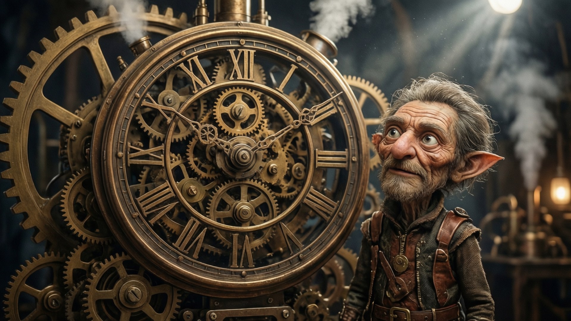 Figment undersøker en steampunk-maskin.