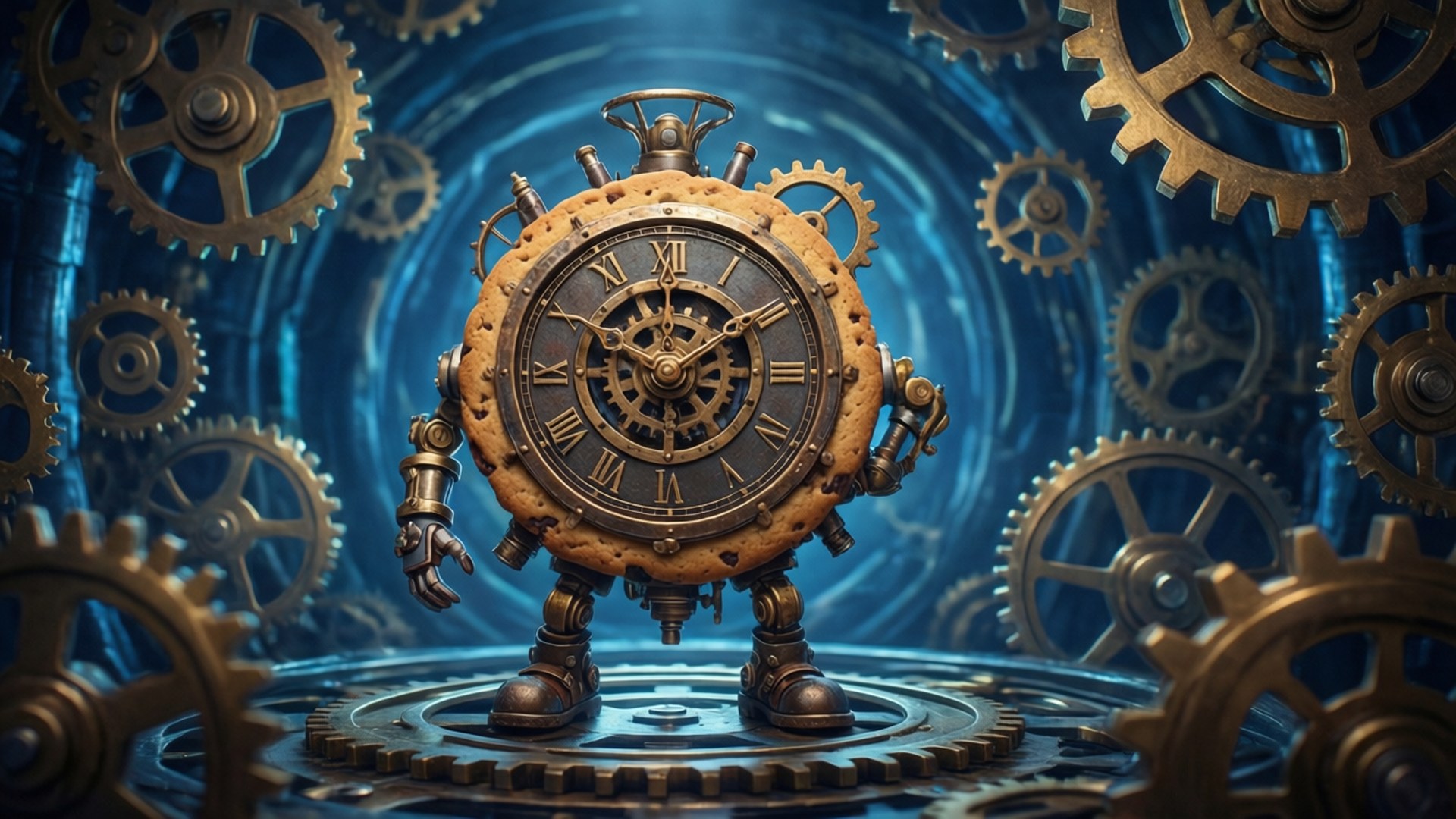 Urværksriget Wallpapers — Timekeeper Cookie i en steampunk-urværksdimension, mystisk og indviklet.