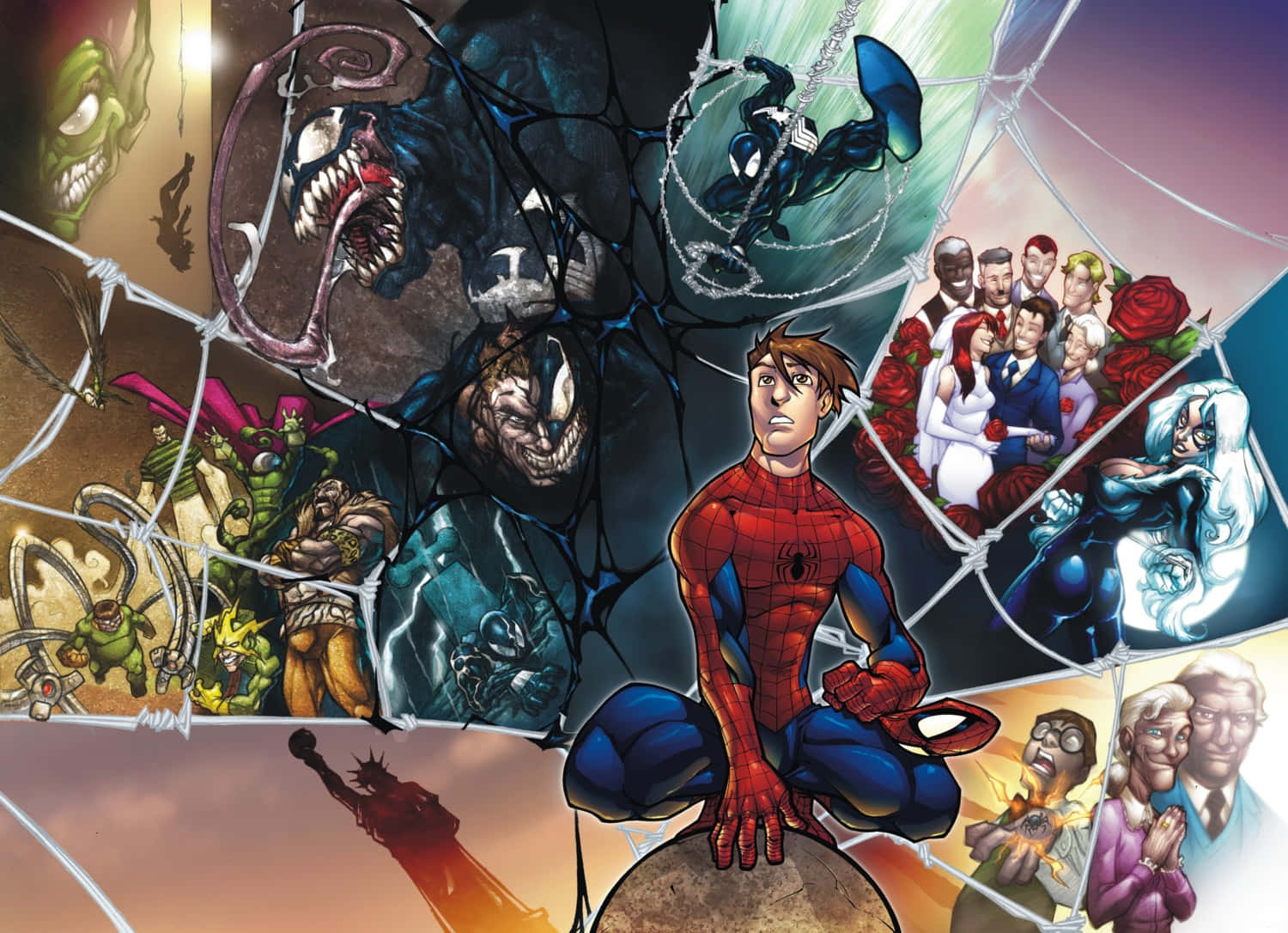 Spider-Man Struggling Against His Clones Wallpaper