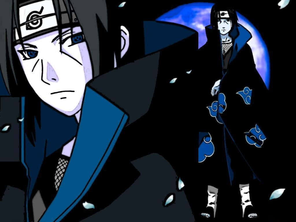 Close Up And Standing Itachi Aesthetic With Blue Sharingan Eyes And Akatsuki Cloud Robe Wallpaper