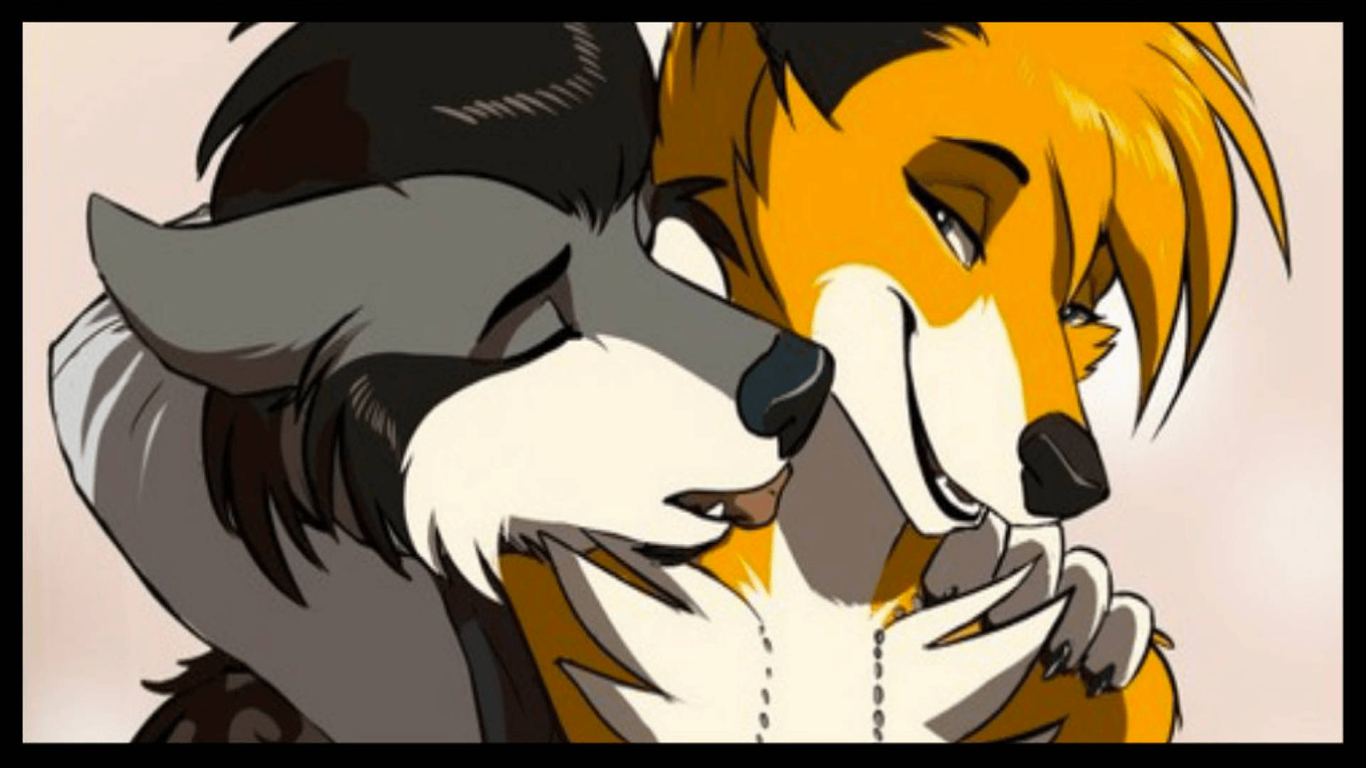 Two furry anthropomorphic wolves sharing a loving hug Wallpaper