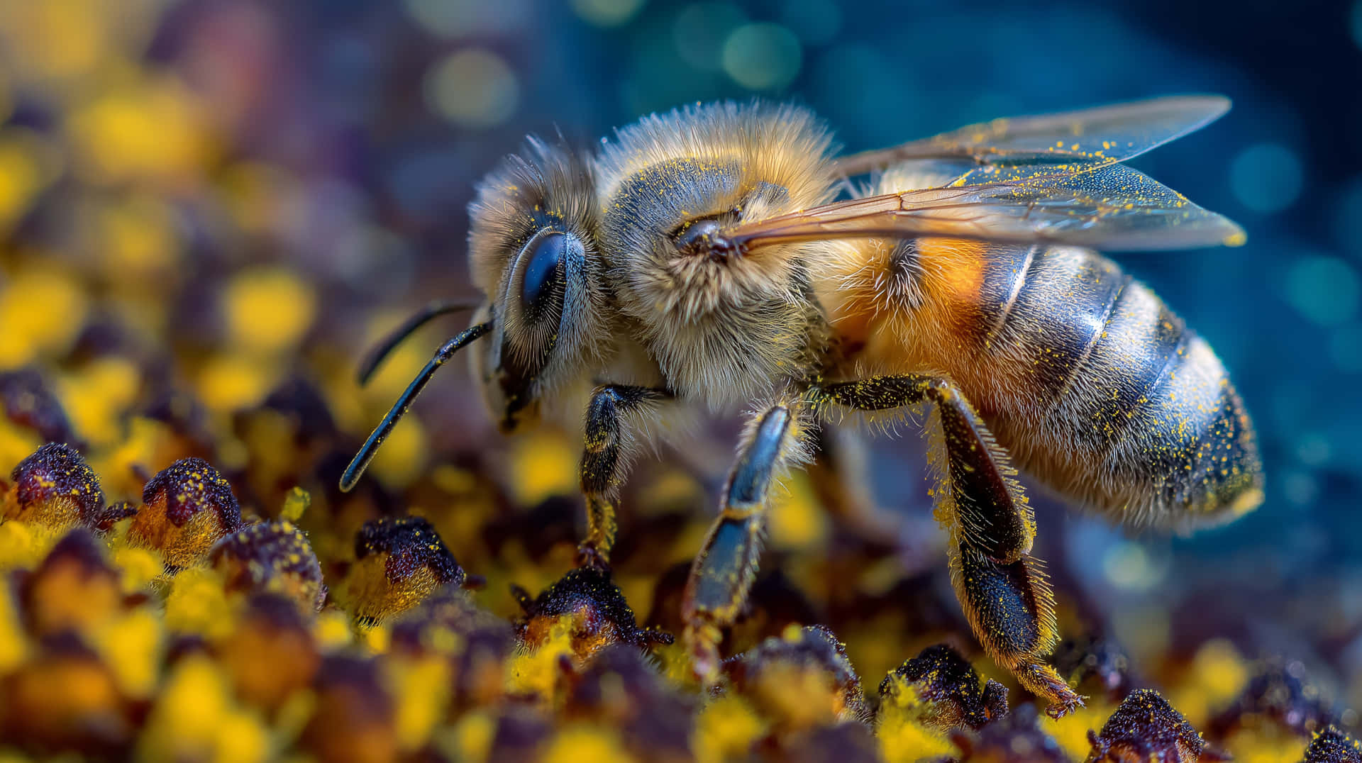 Close-up Macro Of A Honeybee Gathering Pollen On Flower Surface Wallpaper
