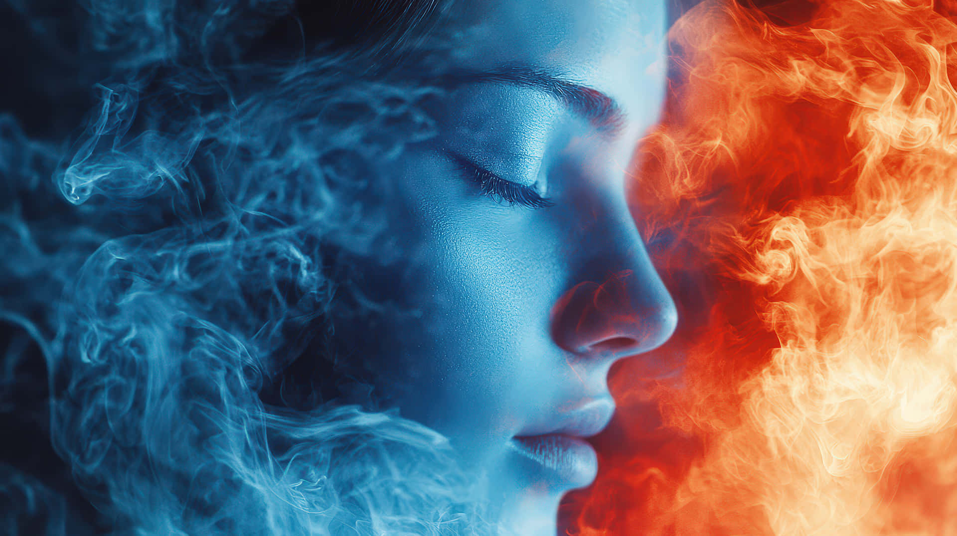 Close-up Of A Serene Woman’s Face, Split Between Blue Icy Smoke And Red Fiery Flames Wallpaper
