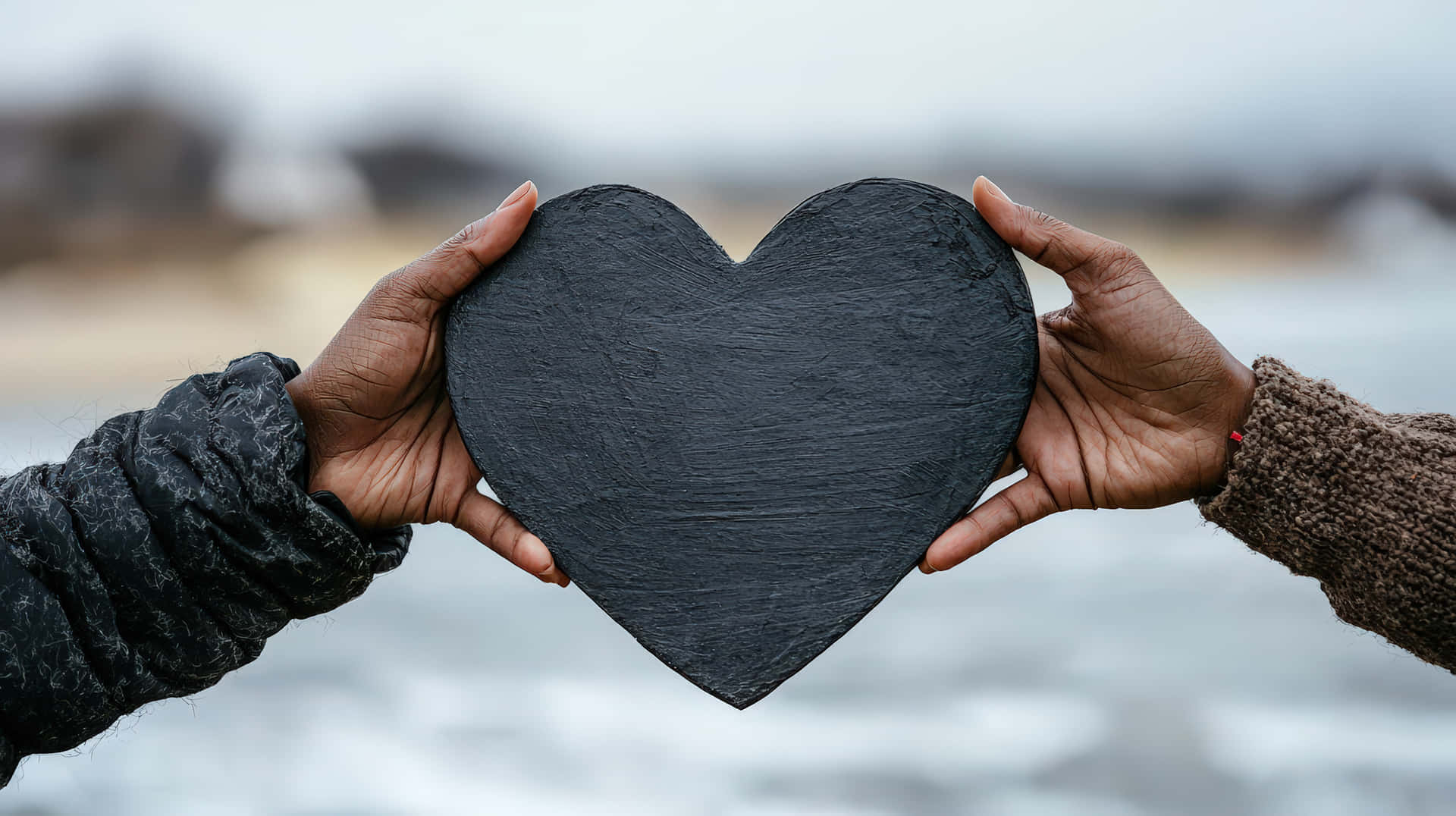 Close-up Of Two Hands Holding A Black Heart-shaped Object Together, Symbolizing Love, Unity, Support Wallpaper