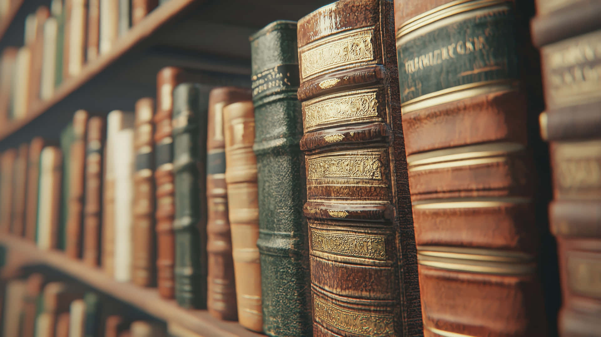 Close-up Of Vintage Books On A Wooden Shelf In A Dimly Lit Library. Wallpaper