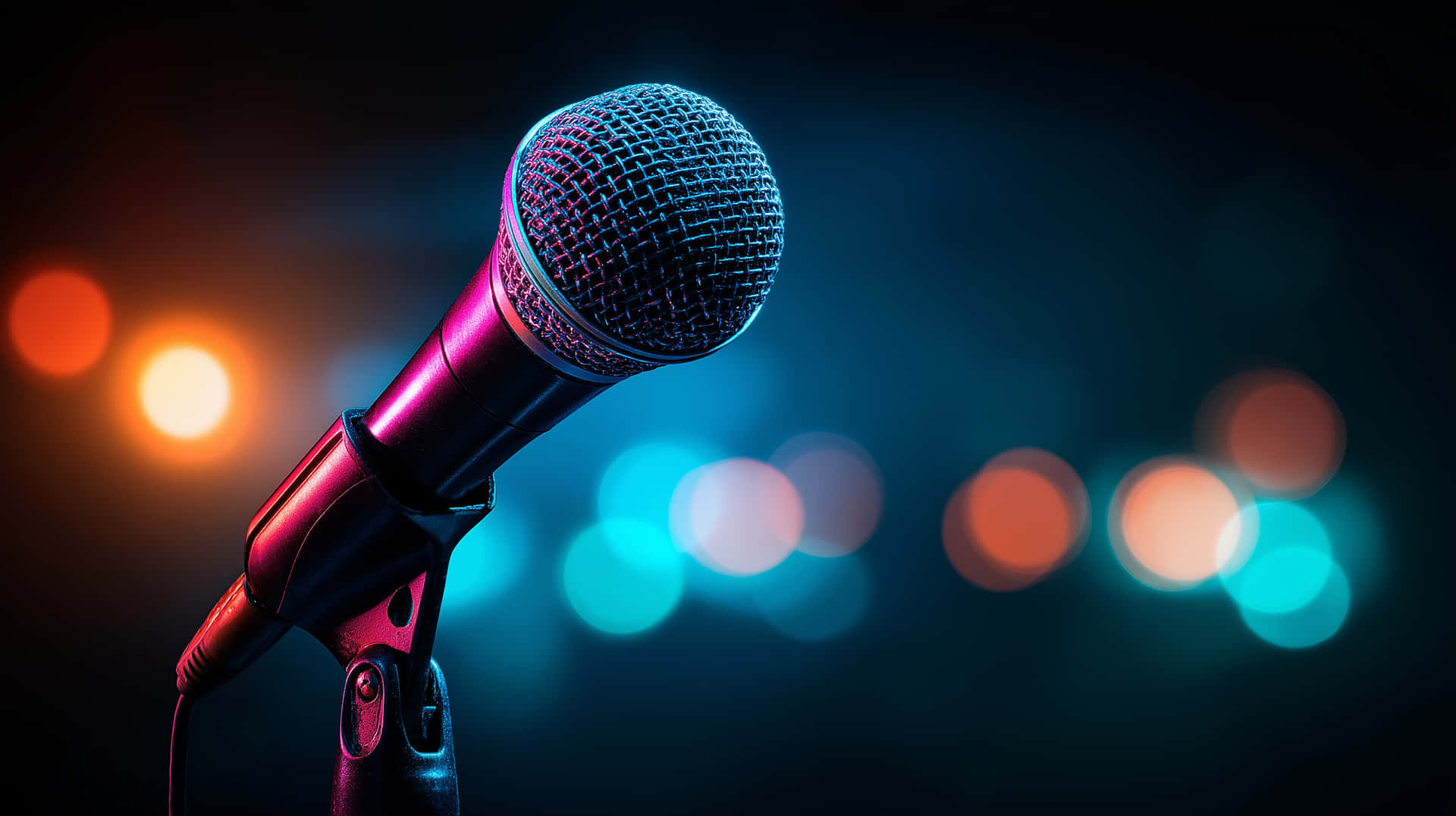 Close-up Stage Microphone With Dynamic Colorful Light Reflections Wallpaper